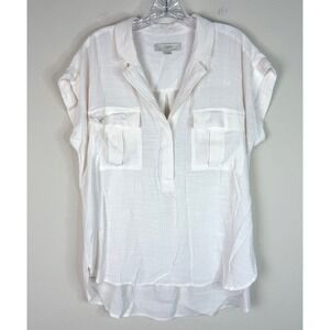 Loft Blouse Women Medium White Short Sleeve Utility Hi-Low Hem Textured Top